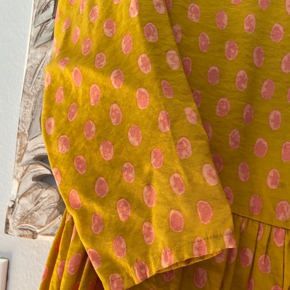 Girls golden mustard yellow dress with pink dots - Picture 3 of 7
